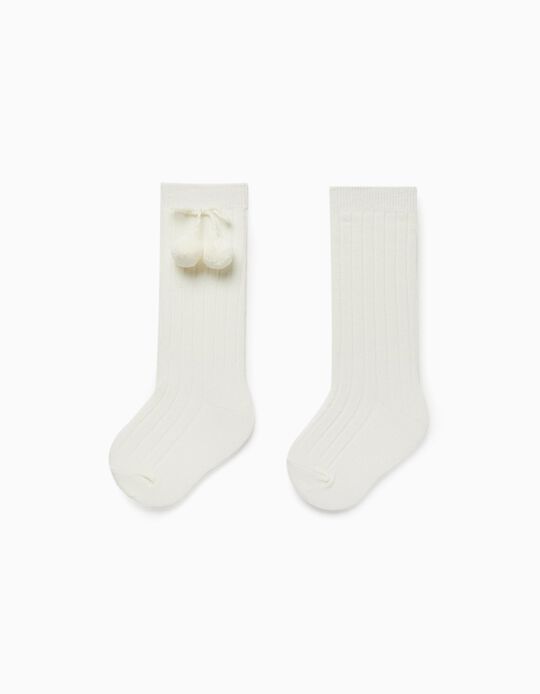 Cotton Knee-High Socks with Pom-Poms for Baby Girls, White
