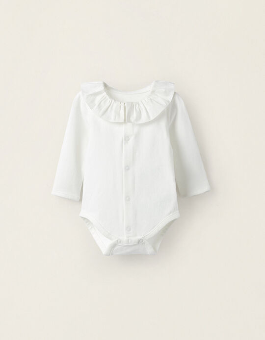 Cotton Bodysuits with Ruffles for Newborn Girls, White