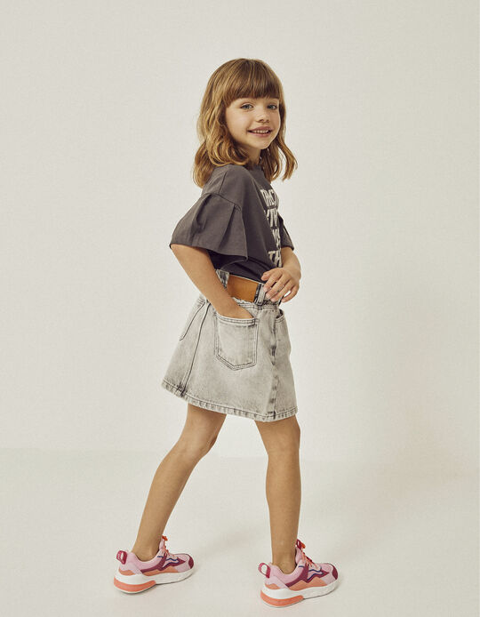 Paperbag Denim Skirt in Cotton for Girls, Grey