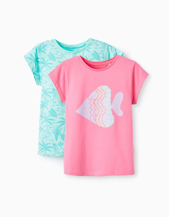 Pack 2 T-shirts de Algodão para Menina 'Peixe', Rosa/Verde-Água