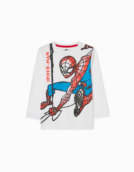 T-Shirt à Manches Longues en Cotton Garçon 'Spiderman', Blanc