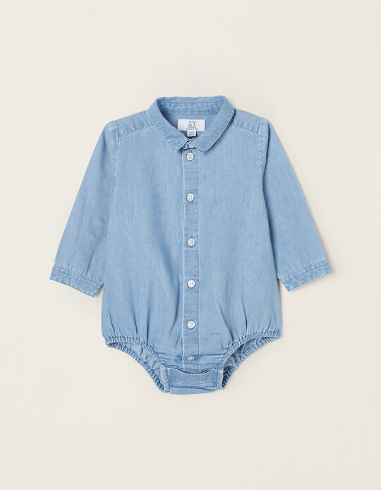 Cotton Denim Shirt-Bodysuit for Baby Boys, Blue