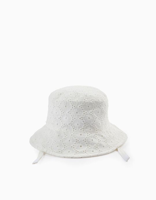 Sombrero de Algodón con Bordado Inglés para Niña, Blanco