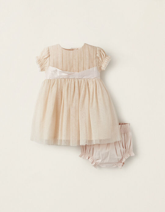 Tulle Dress with Glitter + Bloomers for Newborn Girls, Pink