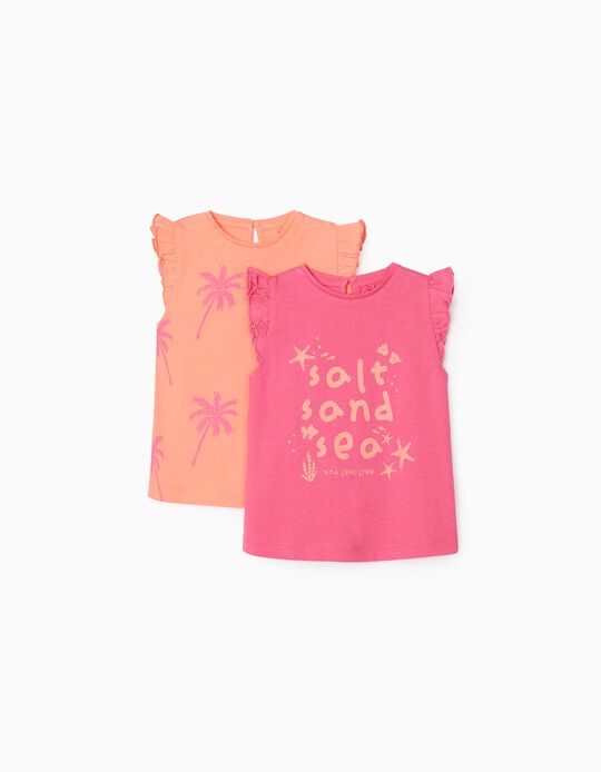 2 Sleeveless T-Shirts for Baby Girls 'Salt Sand Sea', Coral/Pink