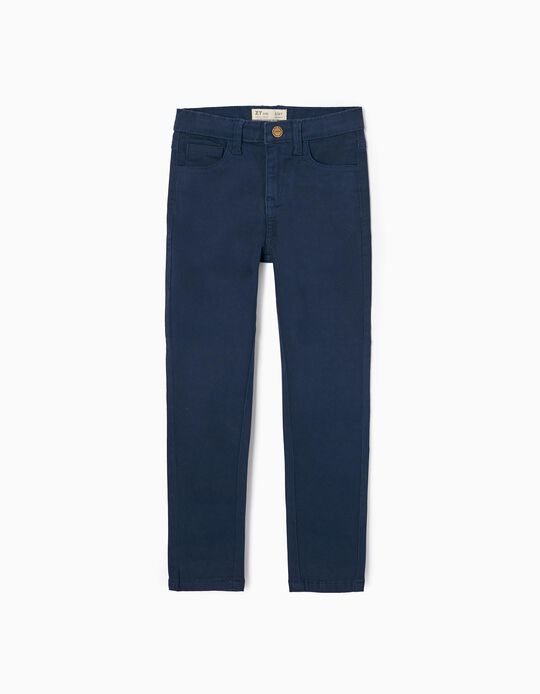 Pantalon en Sergé de Coton Fille 'Slim Fit', Bleu Foncé