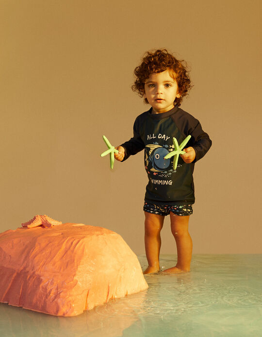 T-shirt + Swim Shorts UPF80 for Baby Boys 'Fish', Blue