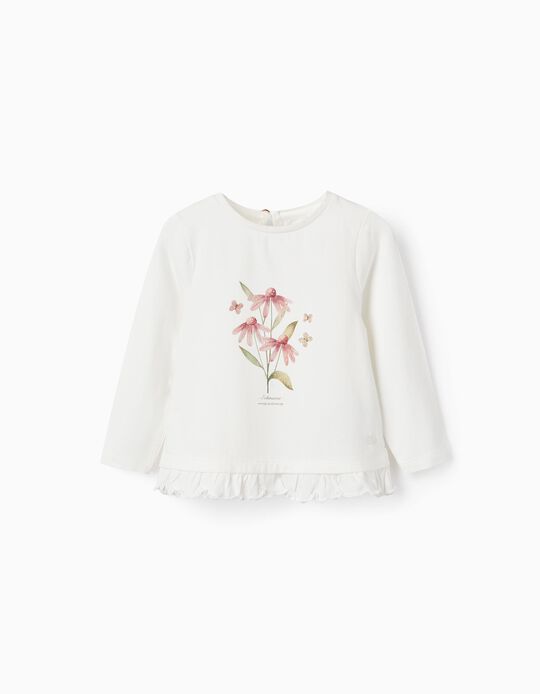 T-Shirt de Manga Comprida com Folhos para Bebé Menina 'Floral', Branco