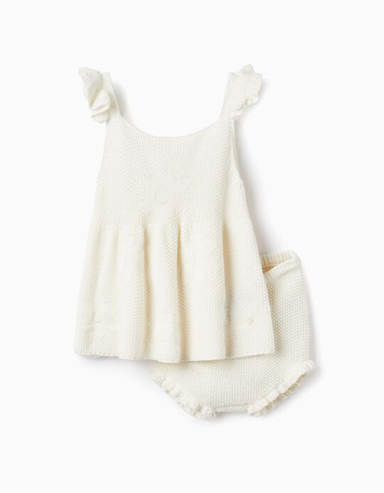 Vestido + Cubre pañal en Punto de Algodón para Bebé Niña, Blanco