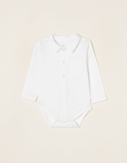 Cotton Bodysuit with Pocket for Newborn Baby Boys, White