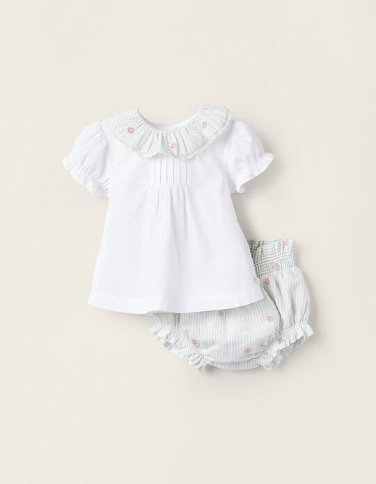 Blouse + Bloomers for Newborn Girls 'Flowers & Stripes', White/Green