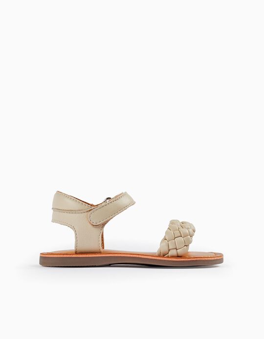 Leather Sandals for Baby Girls, Beige