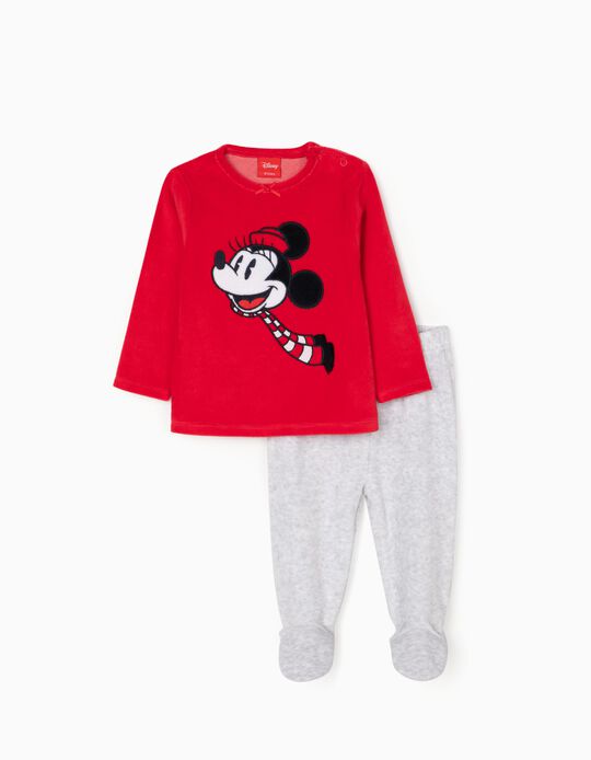 Christmas Pyjamas in Velour for Baby Girls 'Minnie', Red/Grey