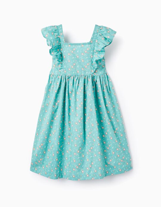 Floral Cotton Dress for Girls, Aqua Green
