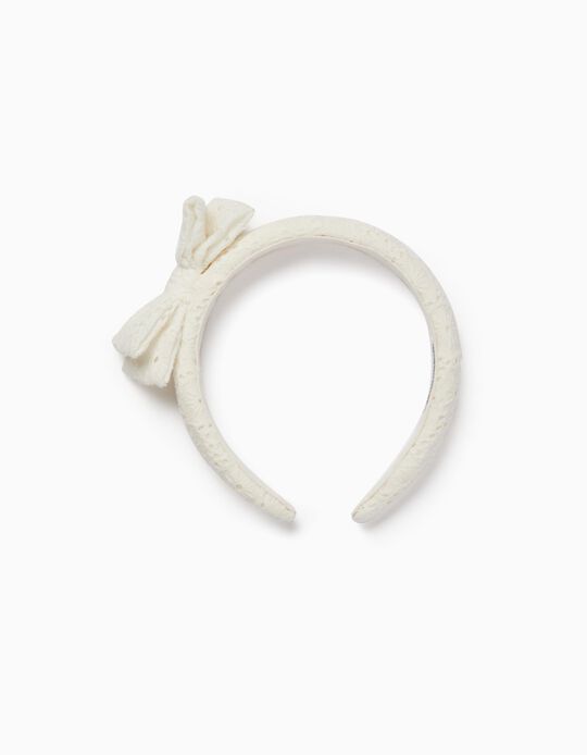 Alice Band in English Embroidery with Bow for Girls, White