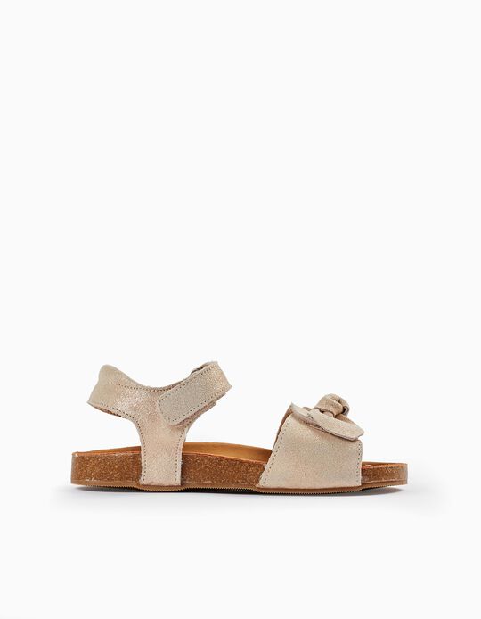 Leather Sandals with Glitter and Bows for Girls, Light Beige