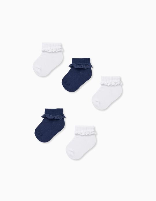 Pack of 5 Pairs of Lace Socks for Baby Girls, White/Dark Blue