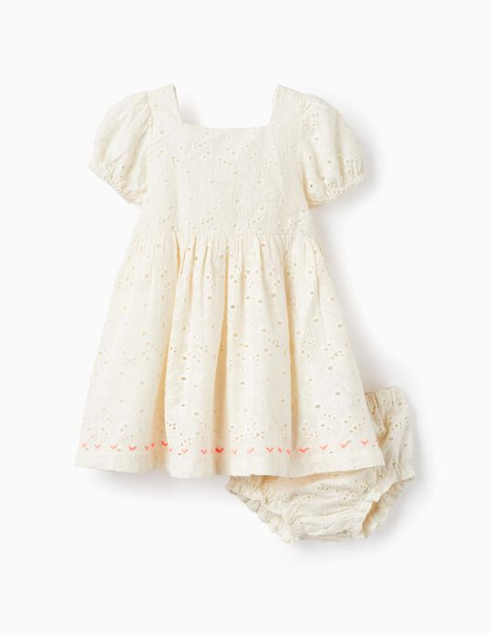 Comprar Online Vestido + Tapa-Fraldas com Bordado Inglês para Bebé Menina, Branco