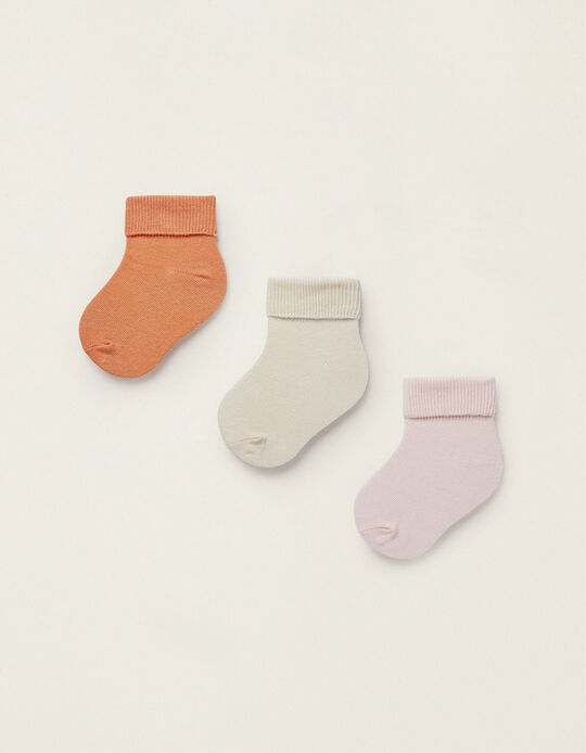 Pack of 3 Pairs of Folded Socks for Newborns and Babies, Pink/Beige/Orange