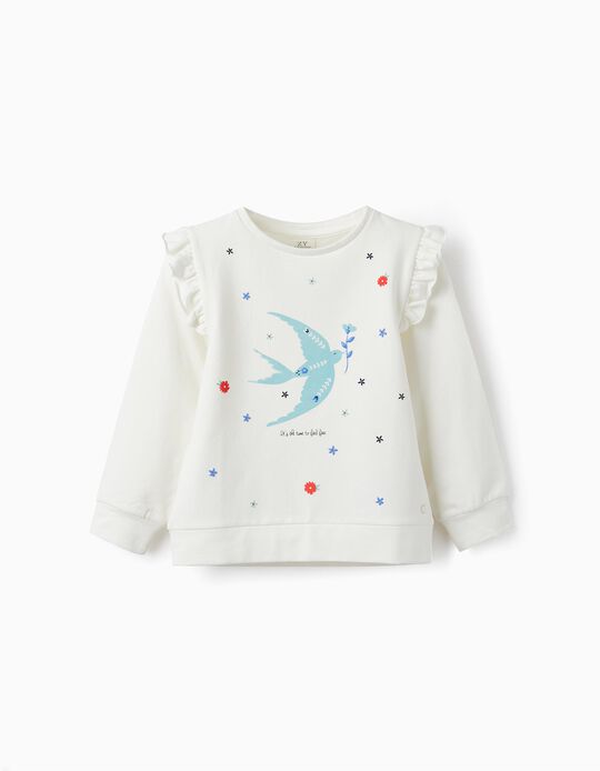 Cotton Sweatshirt with Ruffles for Girls 'Swallow Bird', White