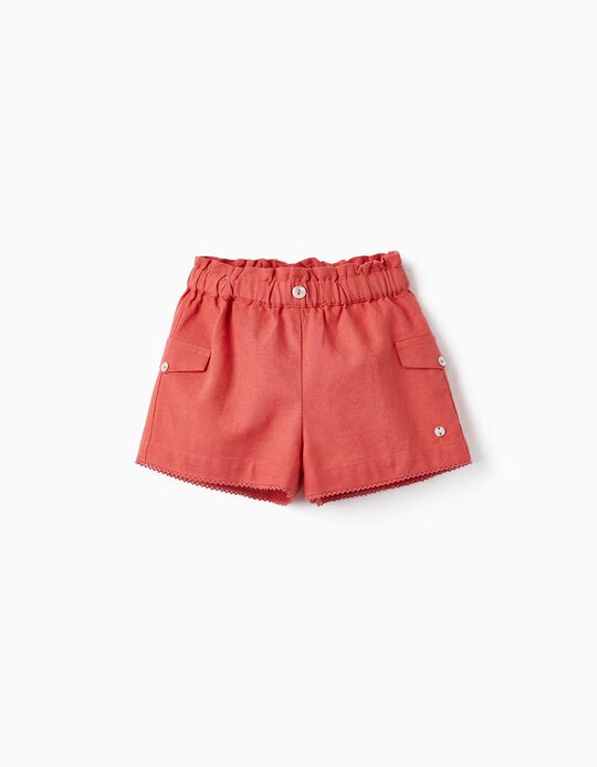 Linen and Cotton Shorts for Baby Girls, Dark Pink