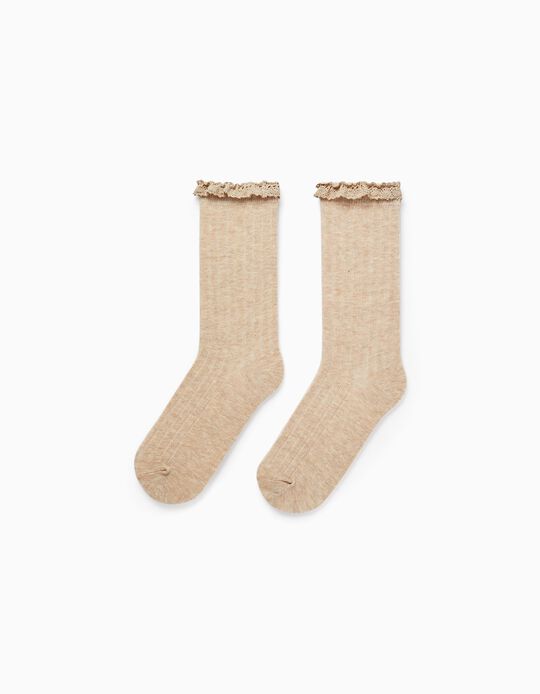 Ribbed Knee-High Socks with Lace for Girls, Beige