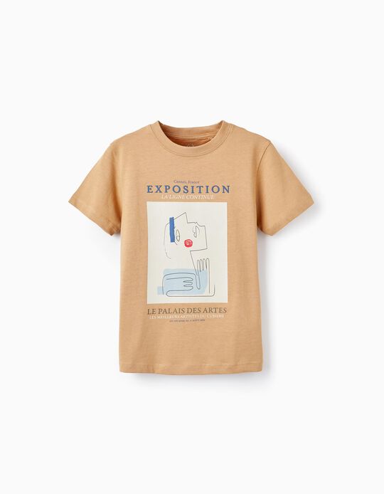 Short Sleeve T-Shirt in Cotton for Boys 'Exposition', Dark Beige