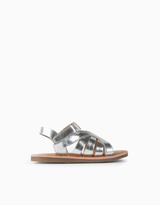 Leather Sandals for Baby Girls, Silver