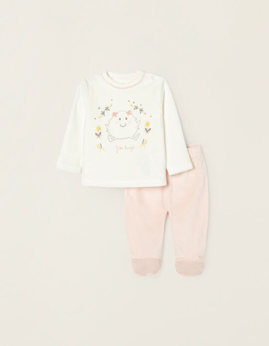 Pyjama en Velours de Coton Bébé Fille 'Monstre', Blanc/Rose