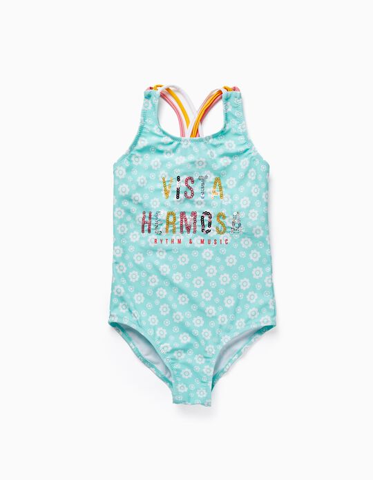 UPF80 Floral Swimsuit for Baby Girls, Aqua Green