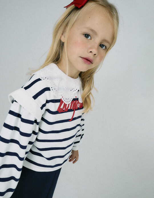 Comprar Online Sweat às Riscas para Menina 'Bonjour', Branco/Azul Escuro