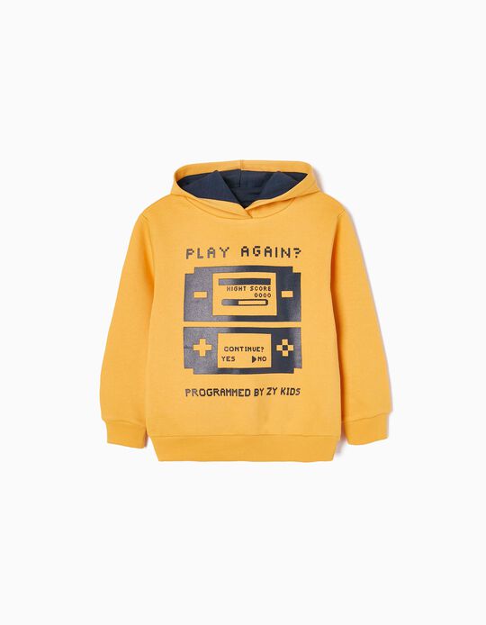 Brushed Cotton Sweatshirt with Hood for Boys 'Play Again', Yellow