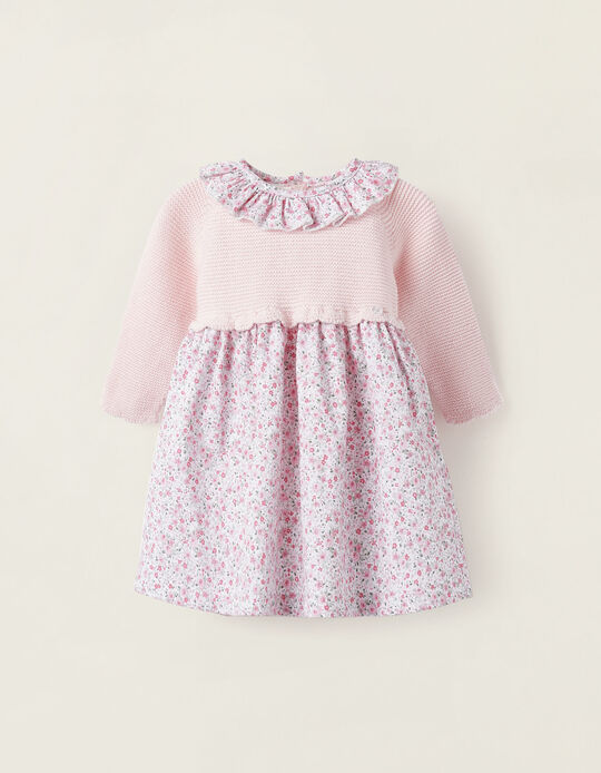 Knit Dual Fabric Dress for Newborn Baby Girls, White/Pink