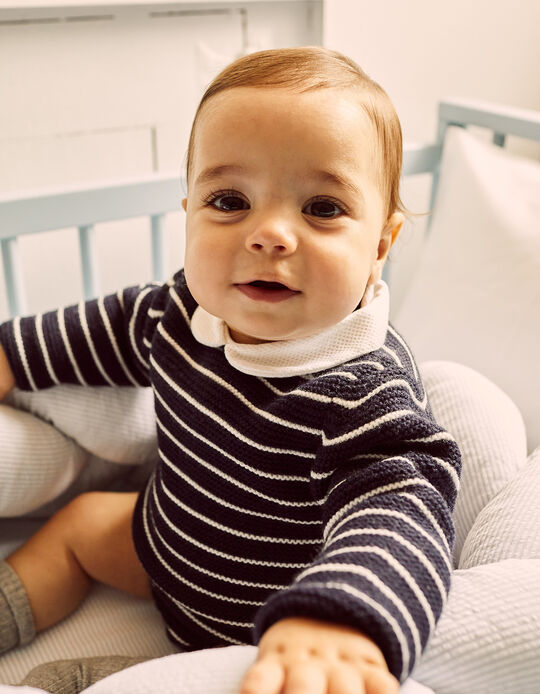 Striped Knitted Jumpsuit for Newborn Baby Boys, Dark Blue/White