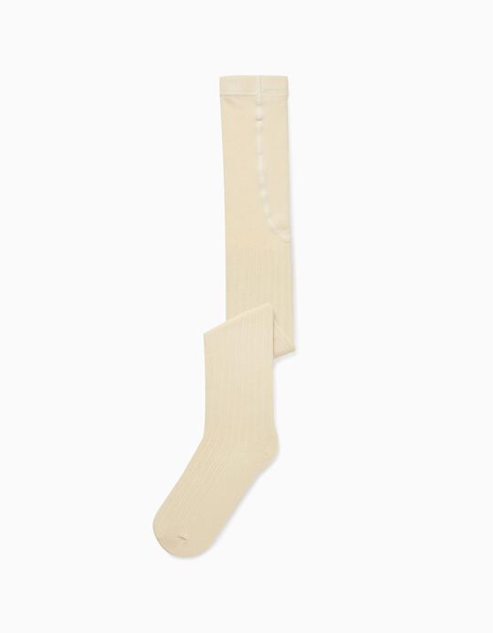 Anti-Pilling Ribbed Tights for Girls, Beige