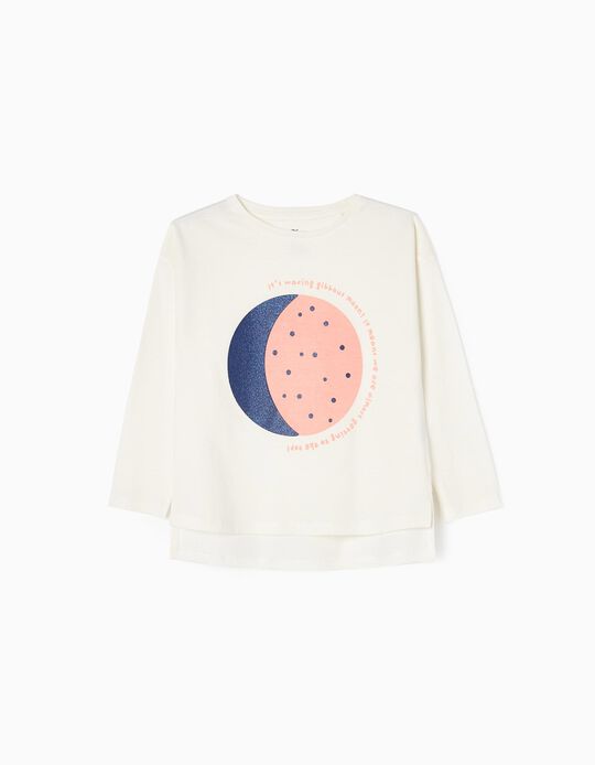 T-shirt à Manches Longues en Coton Fille 'Lune', Blanc