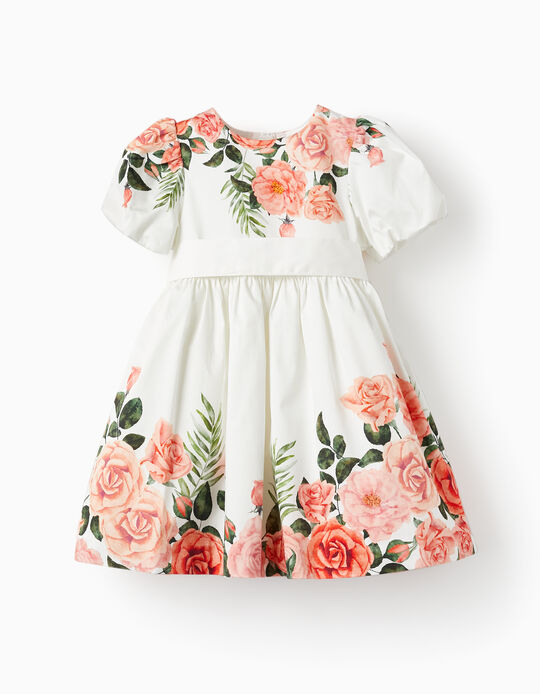 Comprar Online Vestido de Manga Curta para Bebé Menina 'Rosas', Branco/Rosa