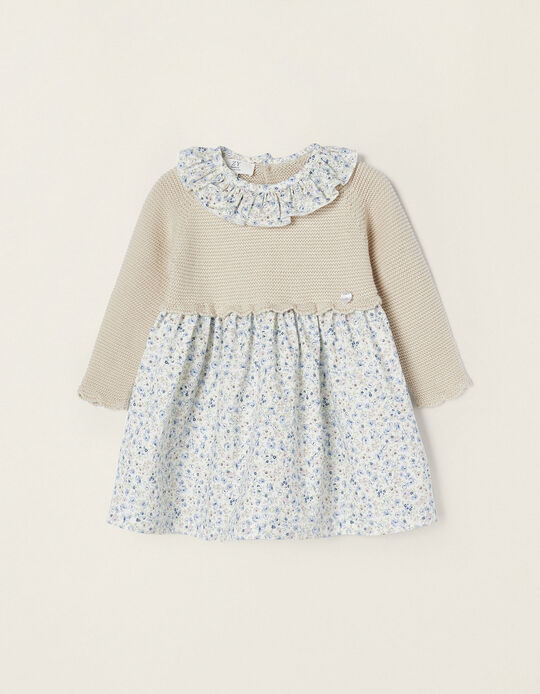 Knit Dual Fabric Dress for Newborn Baby Girls, Beige/White