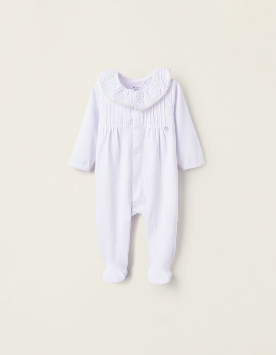 Cotton Sleepsuit with Frills and Lace for Newborn Girls, White
