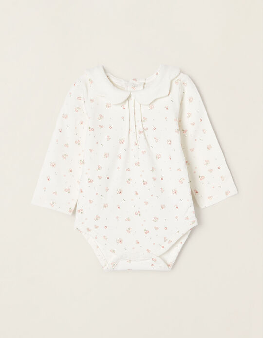 Floral Bodysuit in Cotton for Newborn Baby Girls, White