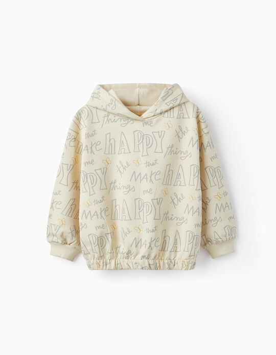 Cotton Hooded Sweatshirt for Girls 'Happy', Beige