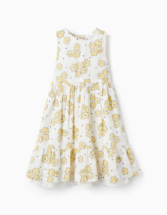 Floral Pattern Dress for Girls, White/Yellow