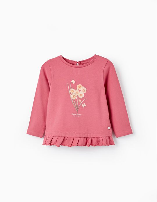 T-Shirt de Manga Comprida com Folhos para Bebé Menina 'Floral', Rosa