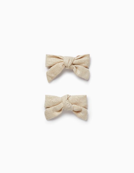 Pack of 2 Hair Clips with Bow and Lurex Threads for Baby and Girl, Gold