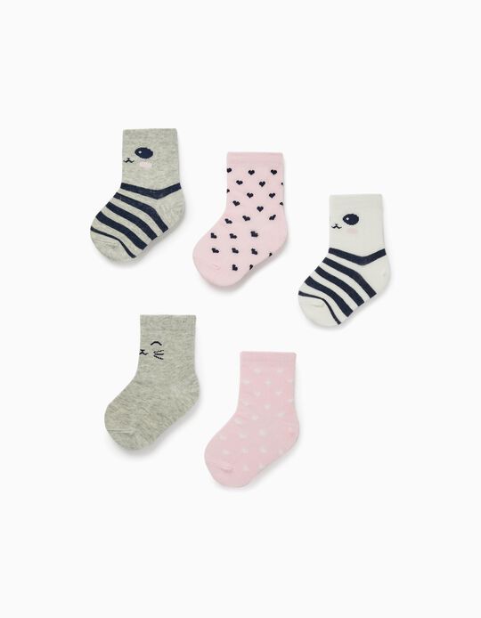 Pack 5 Pairs of Socks for Baby Girls 'Hearts & Stripes', Multicoloured