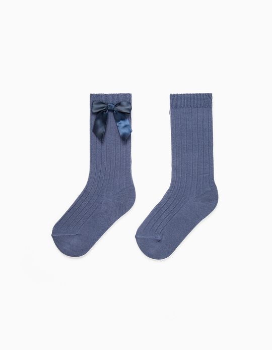 Chaussettes Hautes avec Nœud Satiné Bébé Fille, Bleu