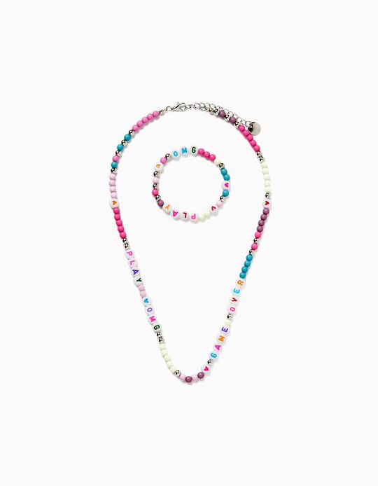Collier + Bracelet de Perles Fille, Multicolore