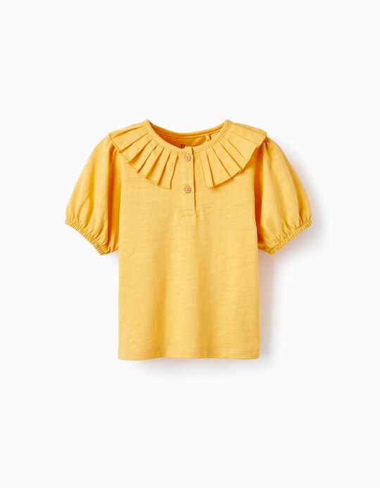 T-shirt de Algodão com Gola Plissada para Bebé Menina, Amarelo