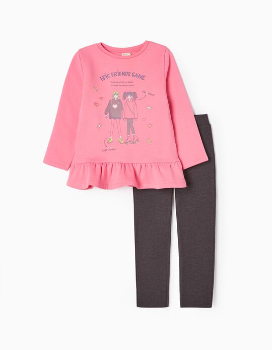 Cotton Sweatshirt + Leggings for Girls 'Best Friends', Pink/Dark Grey