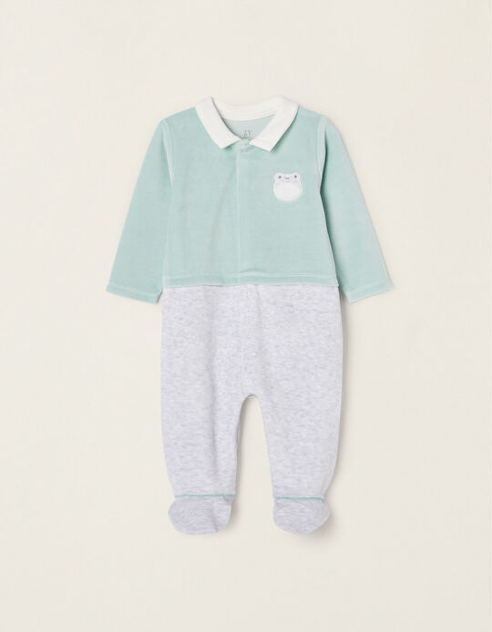 Velour Sleepsuit for Newborn Baby Boys 'Frog', Aqua Green/Grey